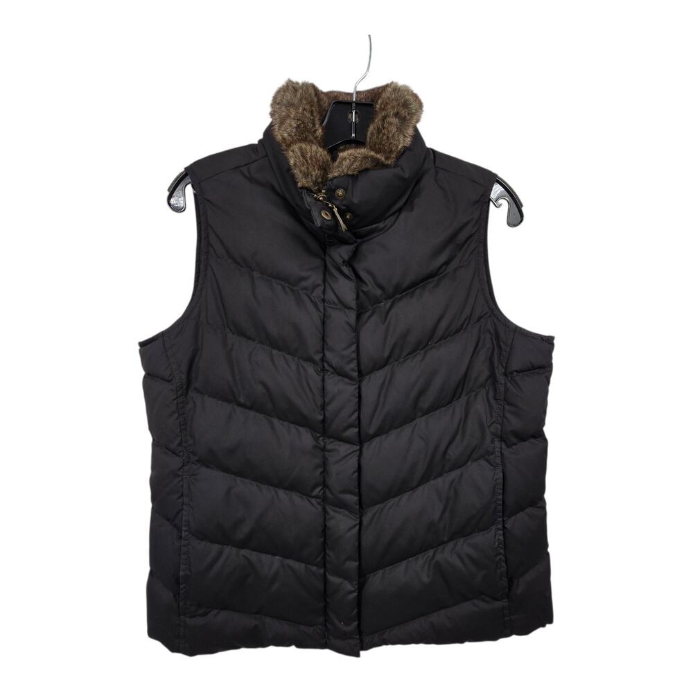 Vintage Y2K Eddie Bauer Goose Down Puffer Vest Women MED Black Faux Fur Zip Snap